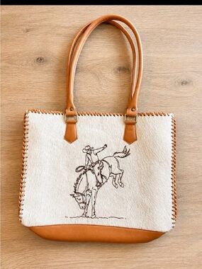 Leather-Trim White Cowhide Tote Bag with Rodeo Embroidery